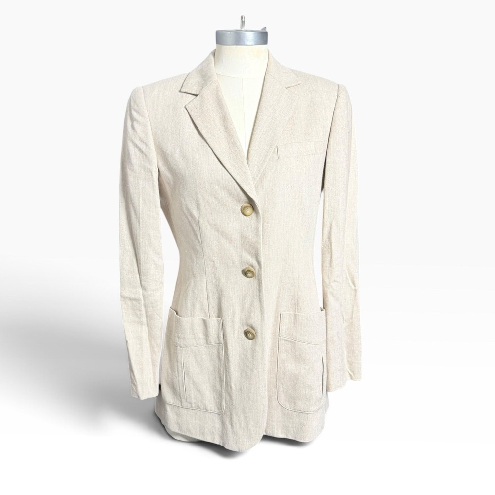 Vintage Jones New York Country Linen Blend Blazer Size 4 Ivory Pockets 90s y2k